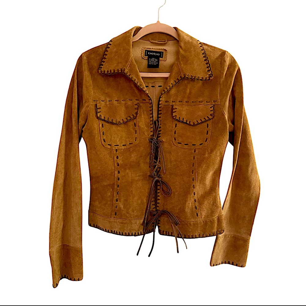 BEBE VTG BohoChic FRINGE Suede LEATHER Tan/Coco S JACKET CoastalCowgirl⭐️